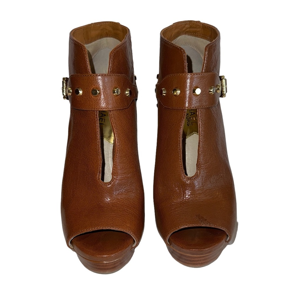 Michael Kors Ailee Gold Studded Brown Leather Stiletto Platform Booties 7 M